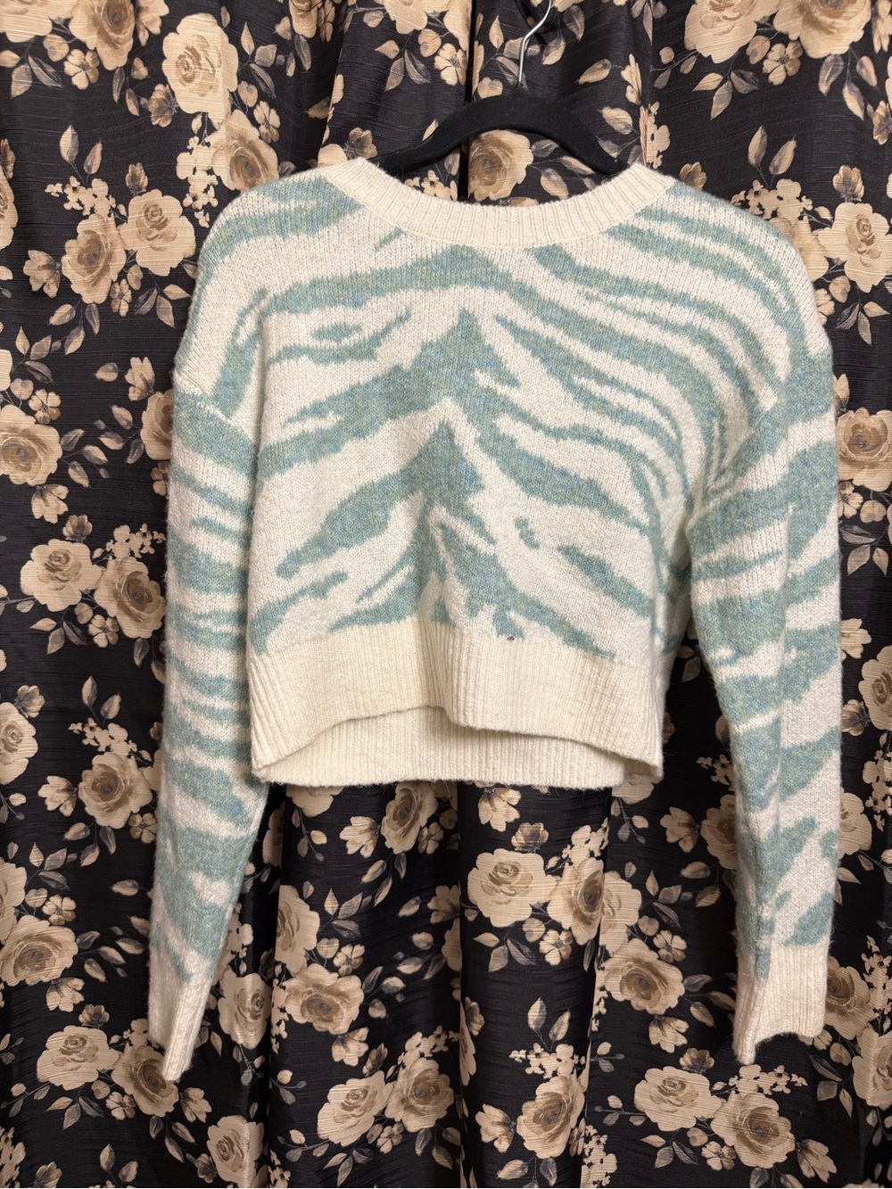 Cozy Crewneck Zebra-Stripe Cropped Sweater - Ivory & Mint